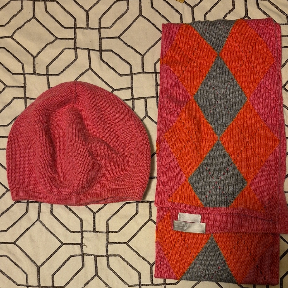 Pink and Orange Argyle Beanie and Scarf Set